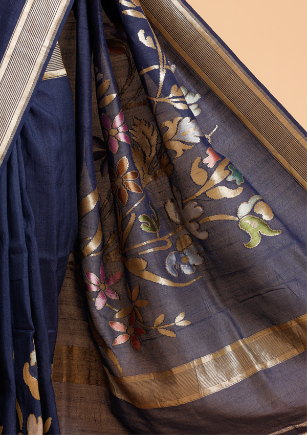 Navy Blue Plain Saree In Georgette Tussar