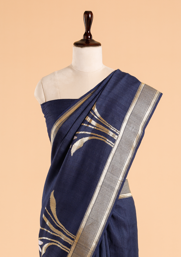 Navy Blue Plain Saree In Georgette Tussar