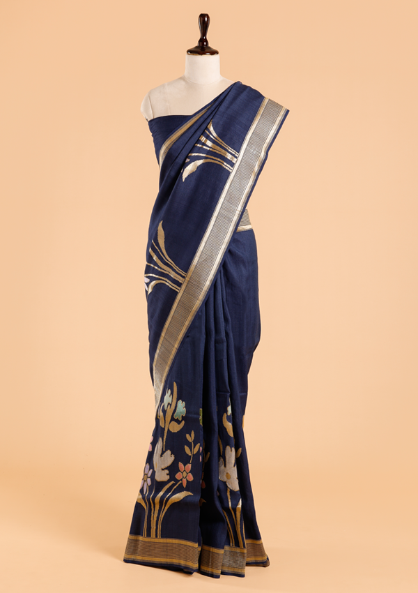 Navy Blue Plain Saree In Georgette Tussar