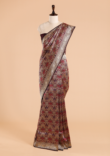 Wine Brocade Saree in Silk