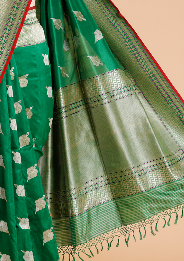 Bottle Green Butta Saree in Silk