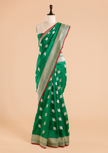 Bottle Green Butta Saree in Silk