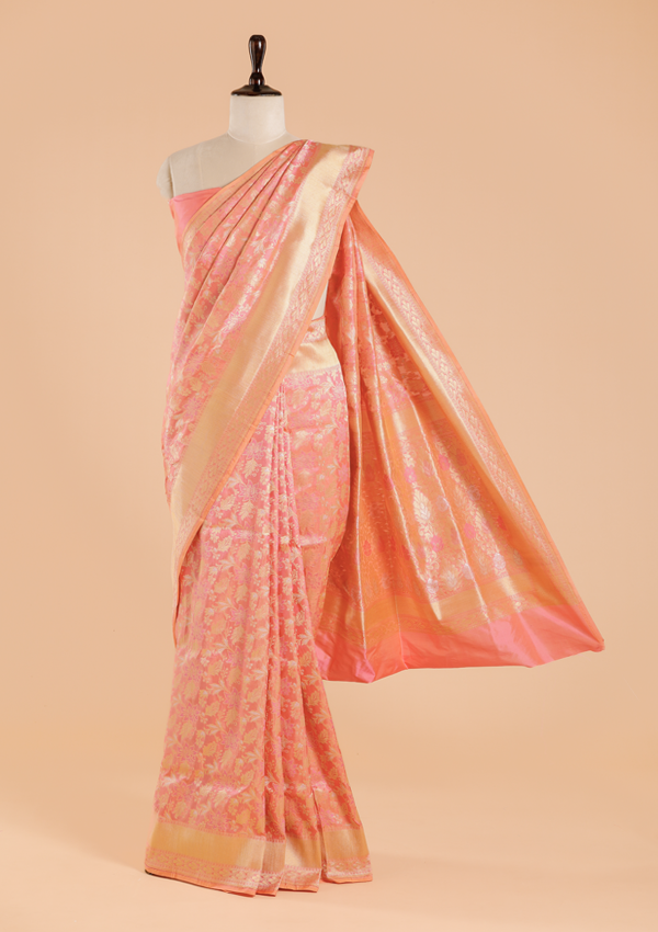 Coral Pink Jaal Saree in Silk