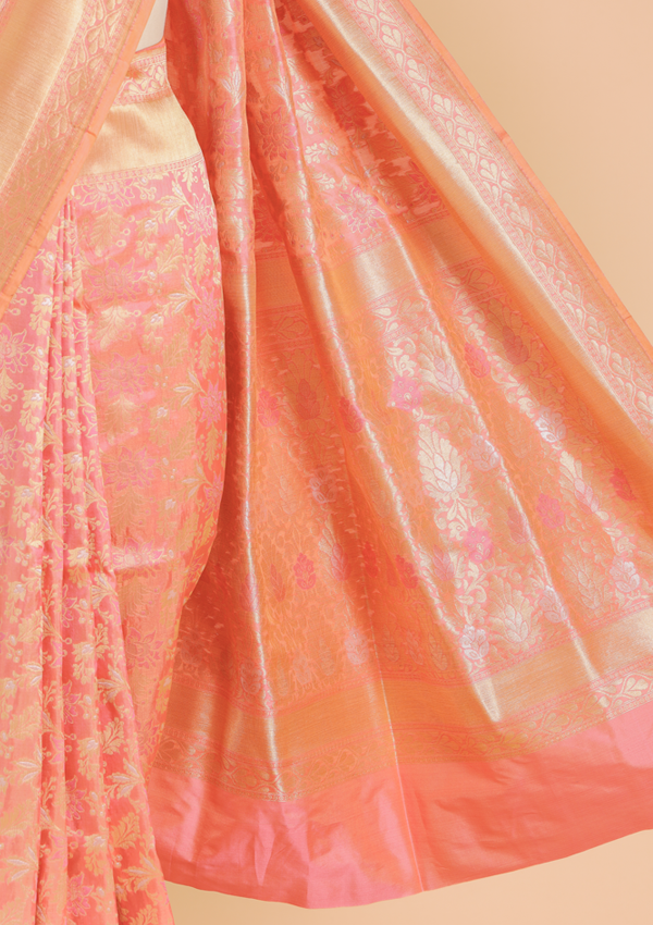 Coral Pink Jaal Saree in Silk