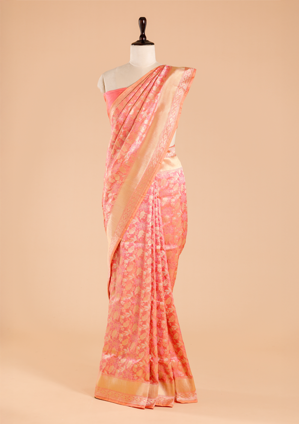Coral Pink Jaal Saree in Silk
