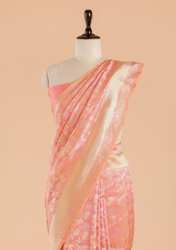 Coral Pink Jaal Saree in Silk