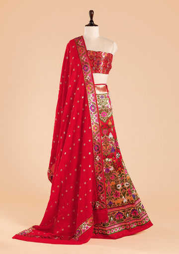 Red Unstitched Lehenga Set