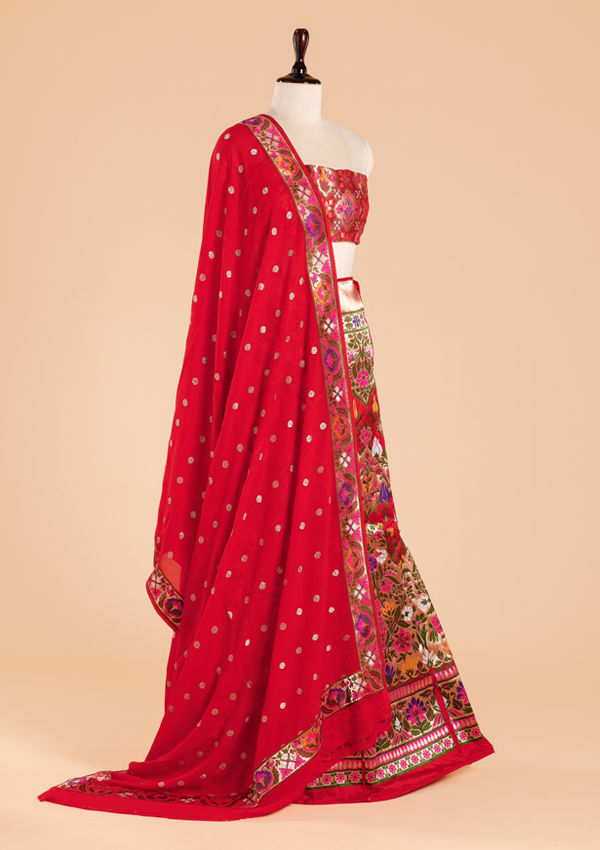 Red Unstitched Lehenga Set