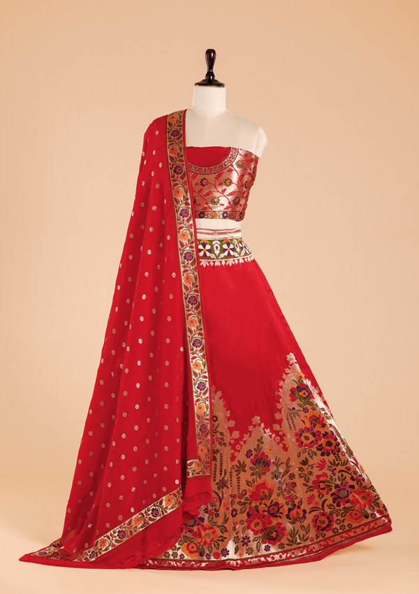 Red Unstitched Lehenga Set in Silk