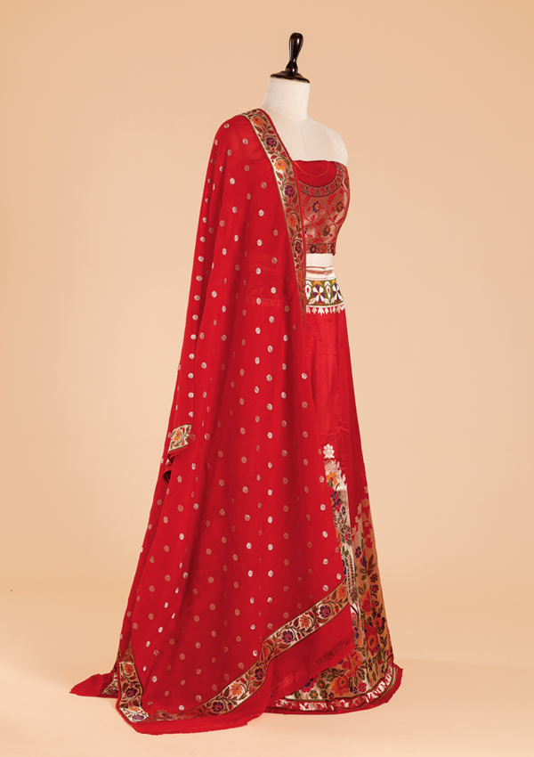 Red Unstitched Lehenga Set in Silk