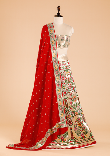 Off White Unstitched Lehenga Set in Silk