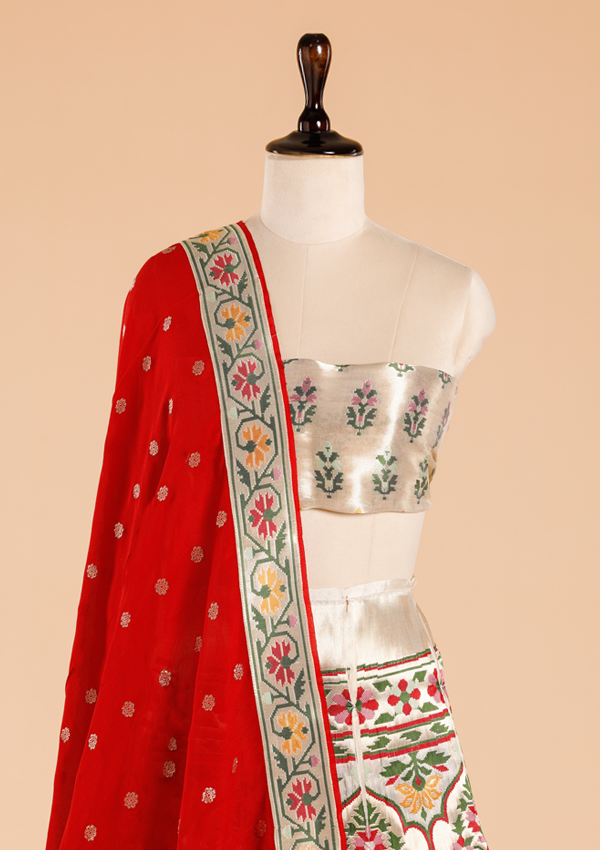 Off White Unstitched Lehenga Set in Silk