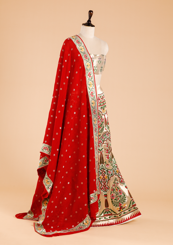 Off White Unstitched Lehenga Set in Silk