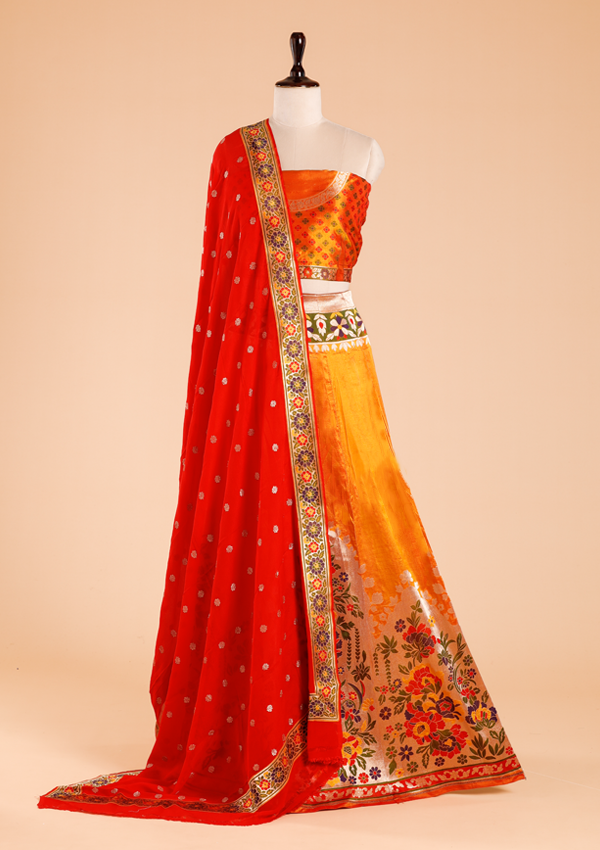 Short Gold Unstitched Lehenga Set in Silk