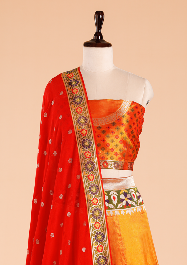 Short Gold Unstitched Lehenga Set in Silk