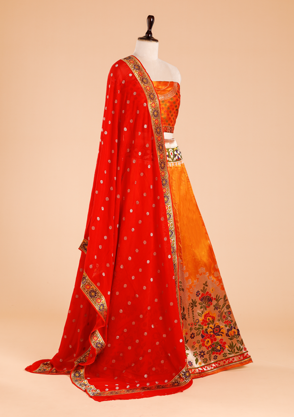 Short Gold Unstitched Lehenga Set in Silk