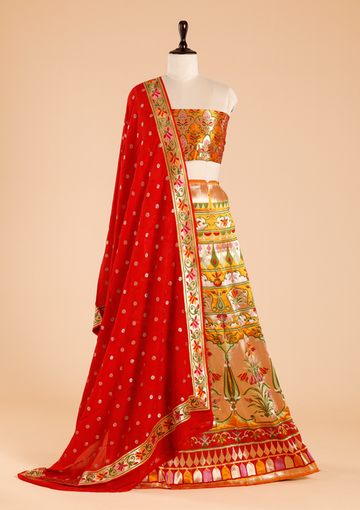 Short Gold Unstitched Lehenga Set in Silk