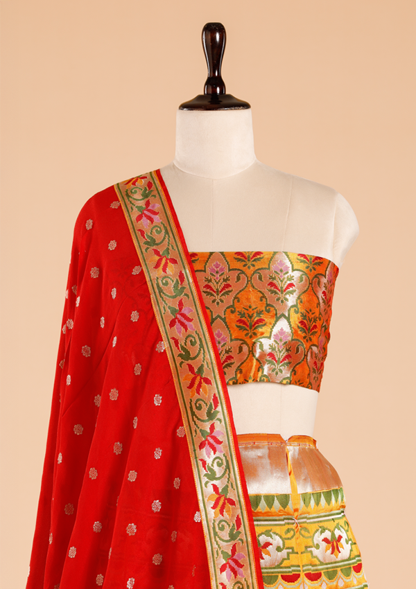 Short Gold Unstitched Lehenga Set in Silk