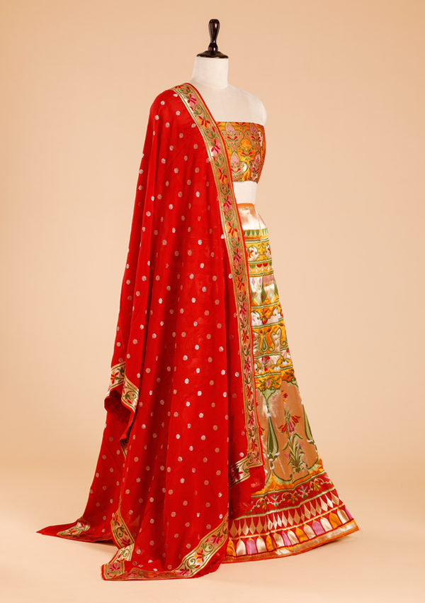 Short Gold Unstitched Lehenga Set in Silk