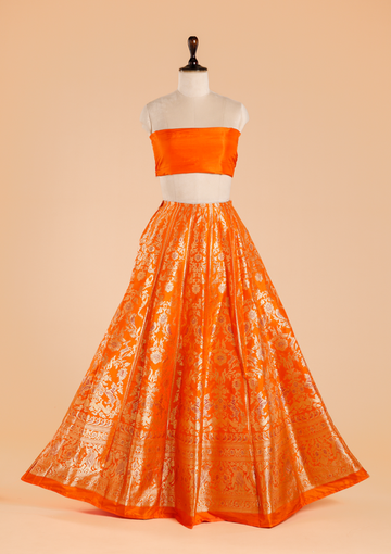 Rust Orange Unstitched Lehenga Set in Silk
