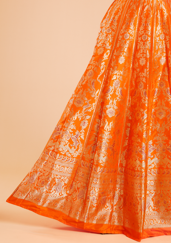 Rust Orange Unstitched Lehenga Set in Silk