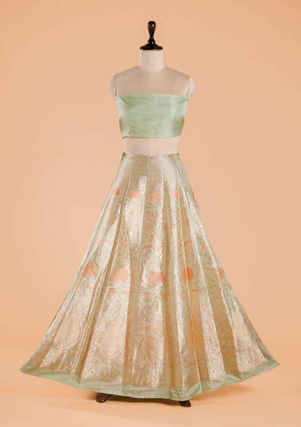 Sea Green Unstitched Lehenga Set in Silk