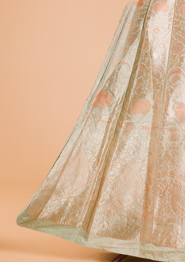 Sea Green Unstitched Lehenga Set in Silk