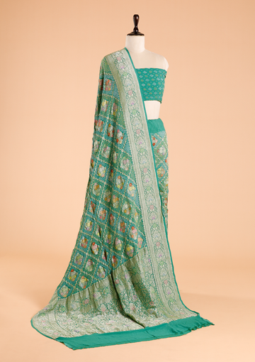 Sea Green Jaal Bandhani Saree in Georgette