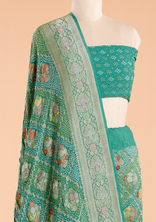 Sea Green Jaal Bandhani Saree in Georgette