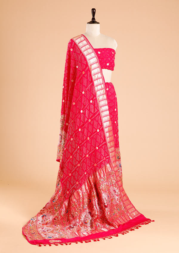 Rani Pink Butti Bandhani Saree in Georgette