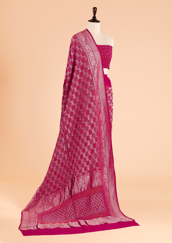 Magenta Pink Jaal Bandhani Saree in Georgette
