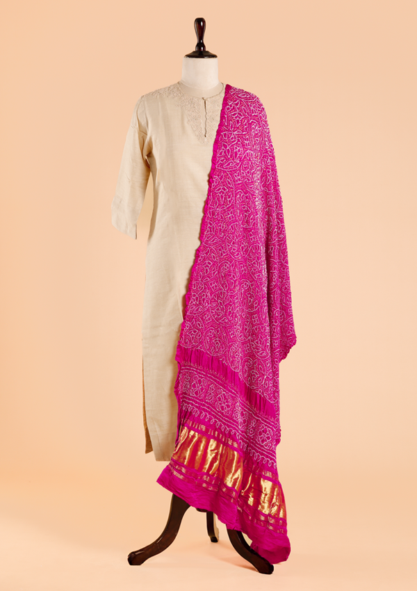 Rani Pink Plain Bandhani Dupatta in Silk