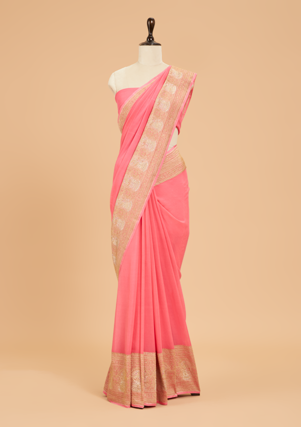 Strawberry Pink Plain Saree in Georgette