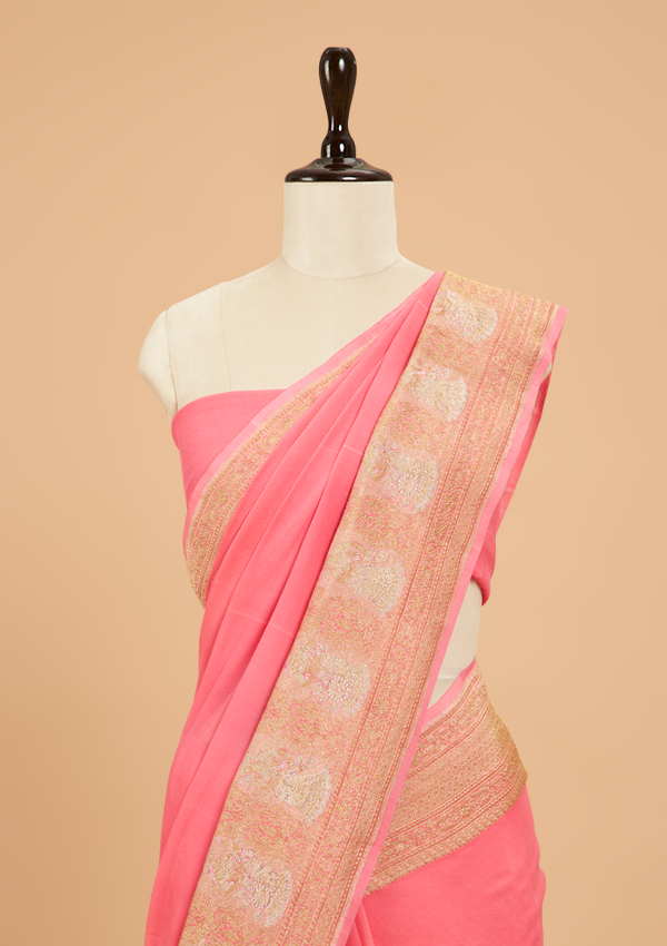 Strawberry Pink Plain Saree in Georgette