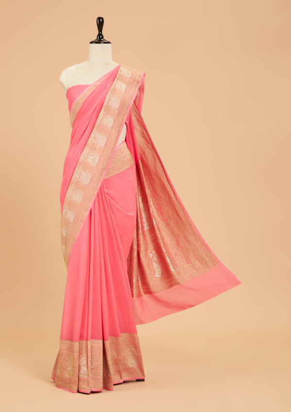 Strawberry Pink Plain Saree in Georgette