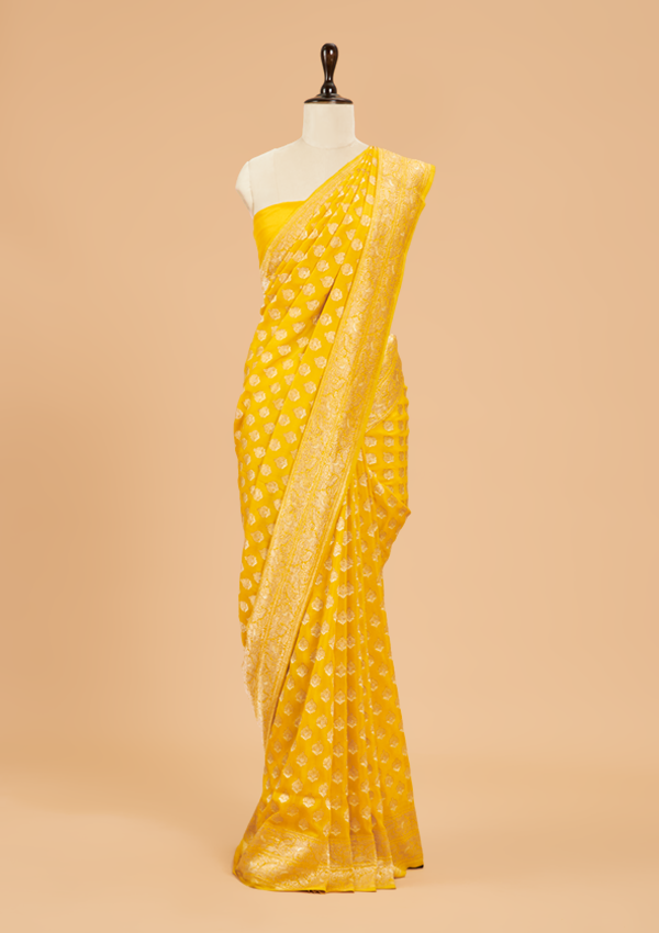 Yellow Butti Saree In Muslin Silk