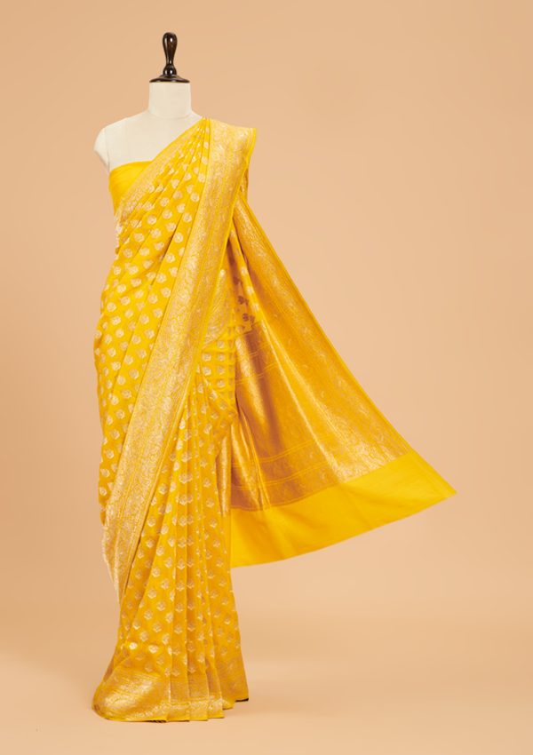 Yellow Butti Saree In Muslin Silk