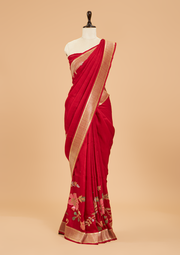 Red Plain Saree In Georgette Tussar