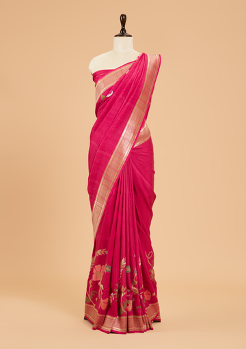 Rani Pink Plain Saree In Georgette Tussar
