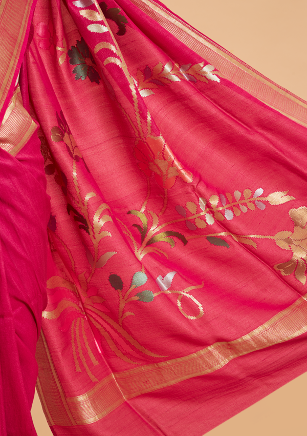 Rani Pink Plain Saree In Georgette Tussar
