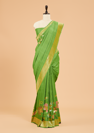Pista Green Plain Saree In Georgette Tussar