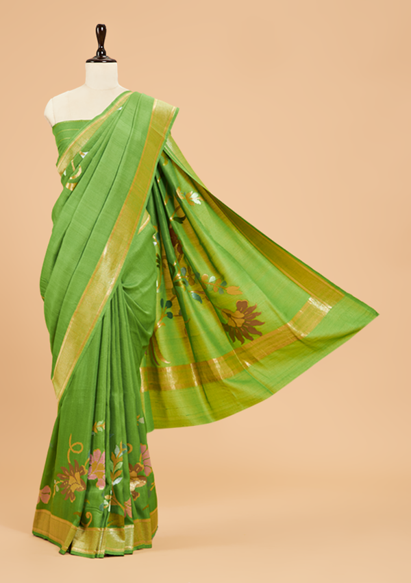 Pista Green Plain Saree In Georgette Tussar