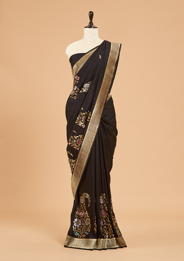 Black Plain Saree In Georgette Tussar