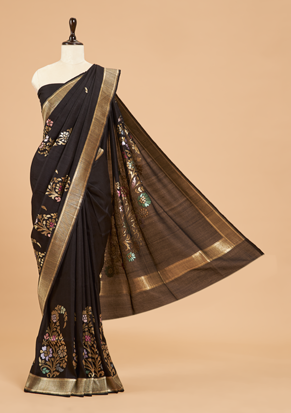 Black Plain Saree In Georgette Tussar