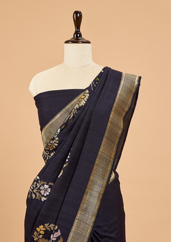 Navy Blue Plain Saree In Georgette Tussar