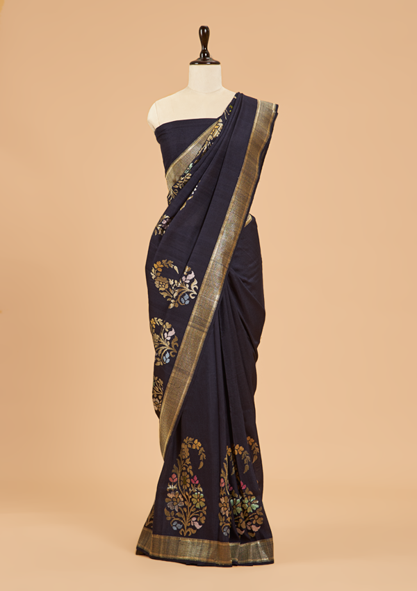 Navy Blue Plain Saree In Georgette Tussar