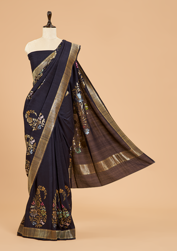 Navy Blue Plain Saree In Georgette Tussar