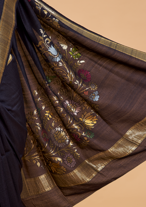 Navy Blue Plain Saree In Georgette Tussar