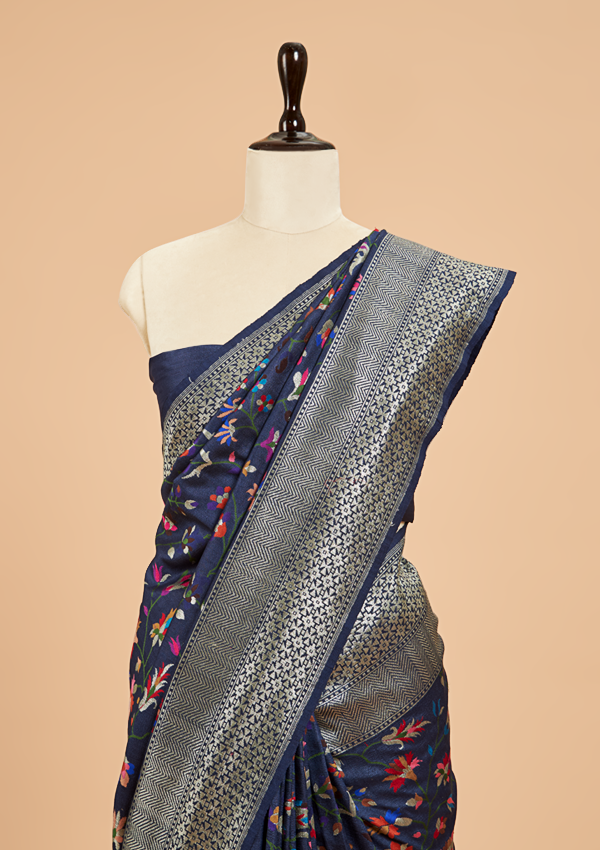 Navy Blue Jaal Saree in Georgette Tussar