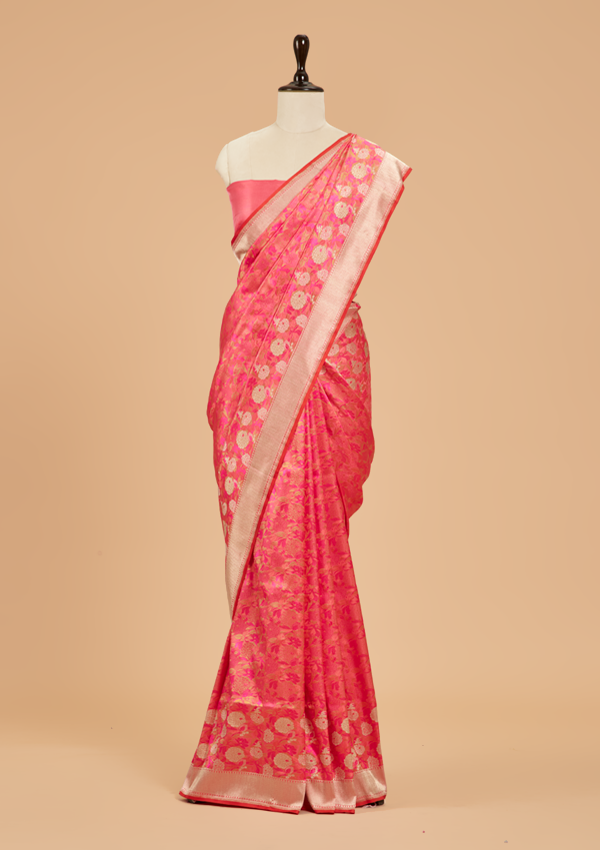 Strawberry Pink Butta Saree in Silk